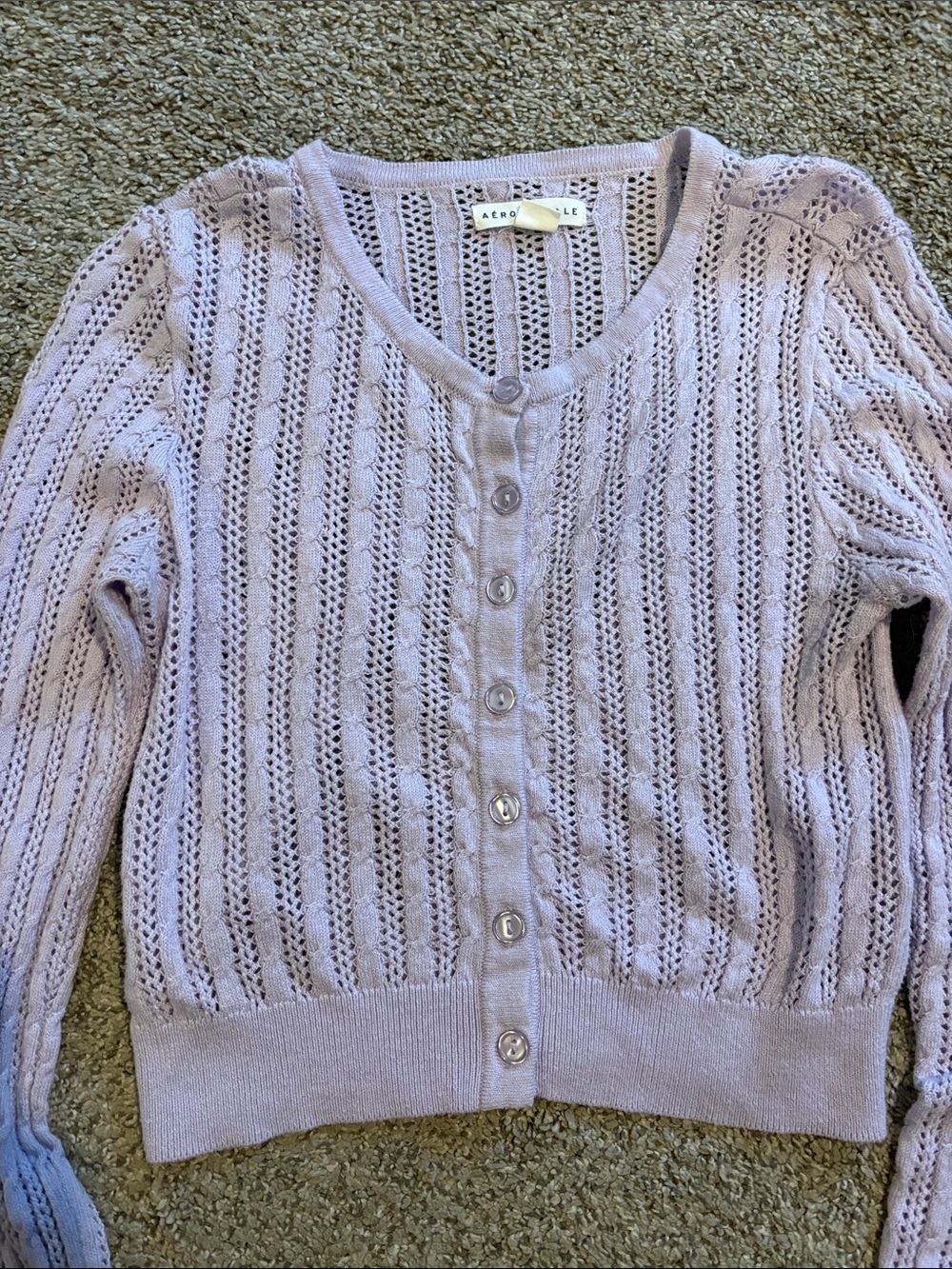 Aeropostale Light Lavender Open-Knit Cropped Button Cardigan